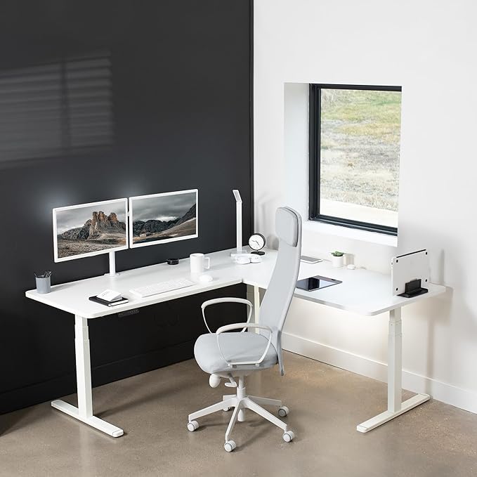 VIVO Electric Height Adjustable 77 x 71 inch Corner Stand Up Desk 2 White 30 inch Deep Table Tops White Frame Memory Controller L-Shaped Workstation 3E Series DESK-KIT-3E7W