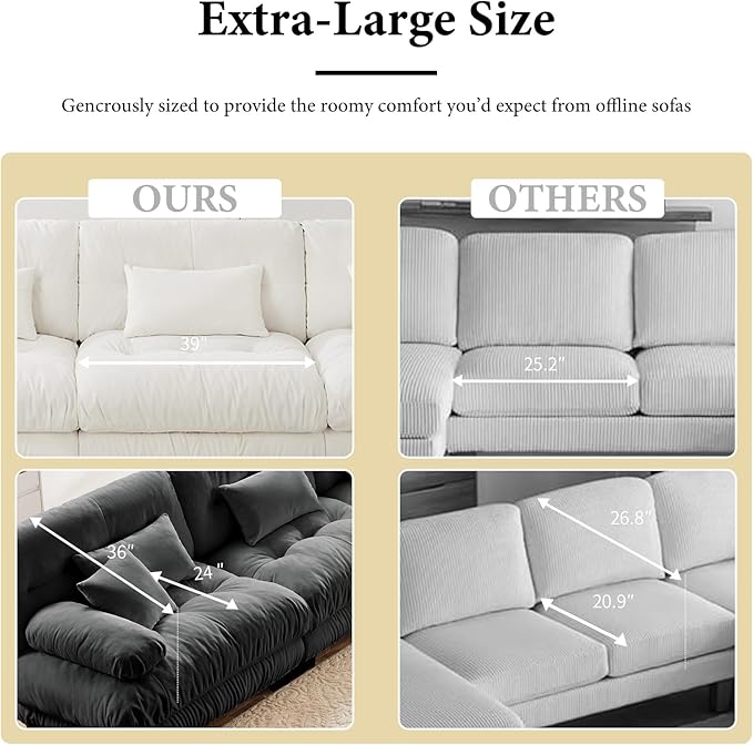 94.4 Loveseat Sofa 2 Seater Modular Sectional Sofa Grey Large L Shaped Sectional Fluffy Couch Chenille Cloud Couch with Ottoman Deep Seat Sofas for Living Room