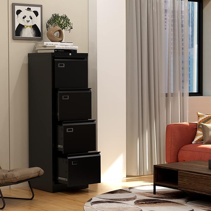 File Cabinet - 4 Drawers Vertical 17.8 Deep Lockable Filing Cabinet Black Metal Storage Cabinets for Home Office to Hanging Files Letter/Legal/F4/A4 Size