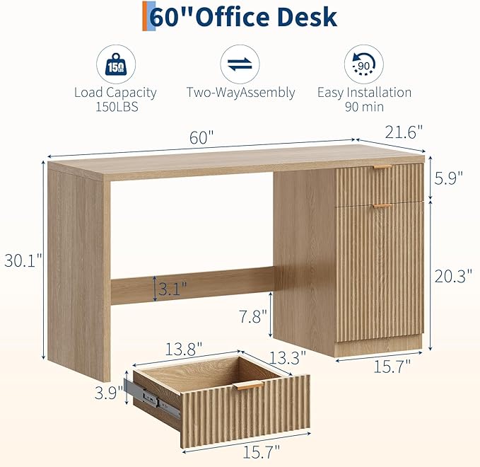 60 Modern Fluted Executive Desk with Storage Cabinet Wood Home Office Desk with Drawers Modern Computer Writing Table for Office Study Room Living Room Bedroom Natural Oak