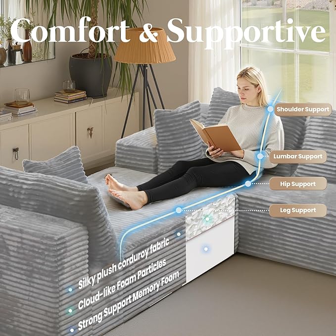 139'' U Shaped Sectional Couches for Living Room 8 Seater Faux Fur Modular Boneless Cloud Sofa with Chaise Lounges 4-in-1 Flexible Combination Deep Seat Corner Large CouchNo Assembly Light Grey