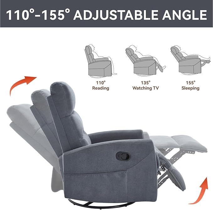 Swivel Rocker Recliner Chair for Adults Rocking Recliner Chair Rocker Nursery Glider ChairRecliners for Small Spaces Manual Recliner Single Sofa for Living Room Nursery (Blue Grey)