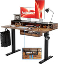 Agilestic Glass Standing Desk with Storage 48 Inch Electric Adjustable Desk with Glass Shelf and Cable Management Sit Stand Up Home Office Computer Table Splice Board Rustic Brown