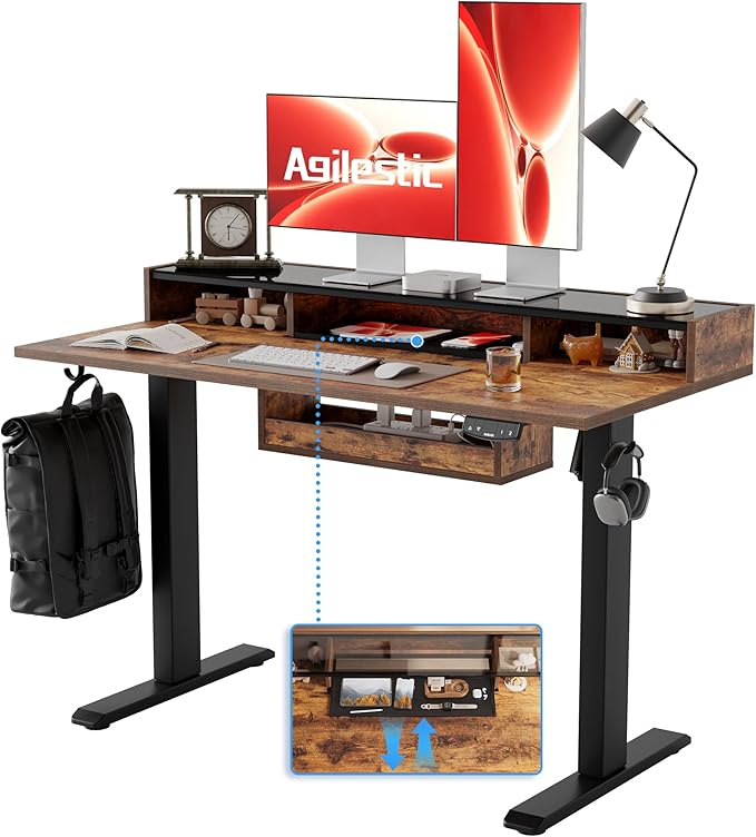 Agilestic Glass Standing Desk with Storage 48 Inch Electric Adjustable Desk with Glass Shelf and Cable Management Sit Stand Up Home Office Computer Table Splice Board Rustic Brown
