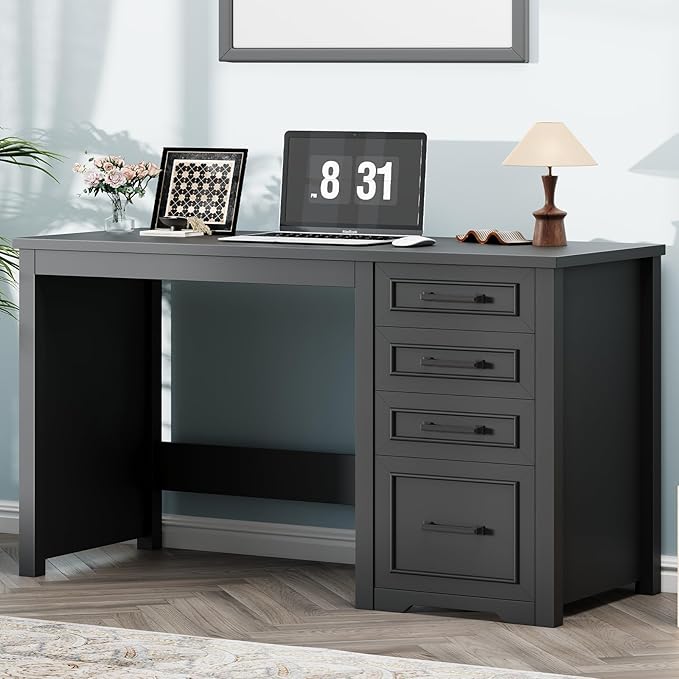 Vabches Farmhouse 49” Executive Desk with File Drawer 4 Drawers Reversible Computer Desk with Storage Rustic Home Writing Workstation for Home Office.Black