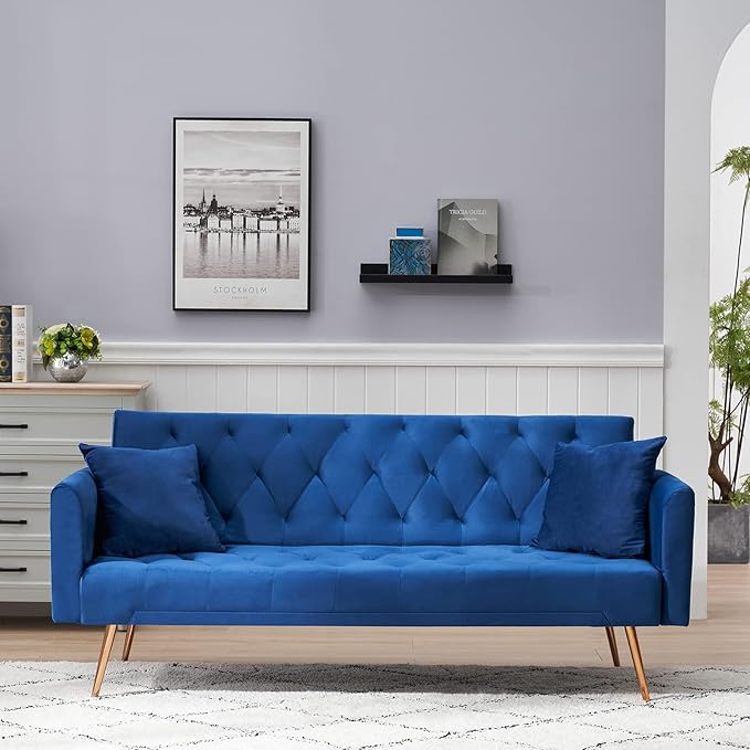 KINFFICT Velvet Futon Sofa Bed with 2 Pillows Convertible Sleeper Sofa Couch with 3 Angle Adjustable Backrest Modern Loveseat with 4 Golden Metal Legs for Living Room and Bedroom