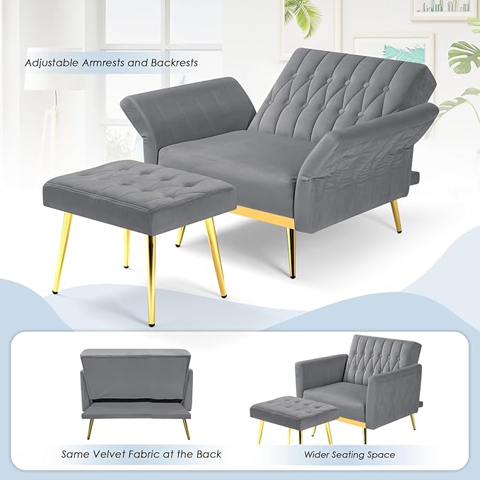 Velvet Accent Chair with Adjustable Backrest and Armrests Single Recliner Armchair with Ottoman and Golden Mental Legs for Living Room Bedroom and Waiting Room Grey