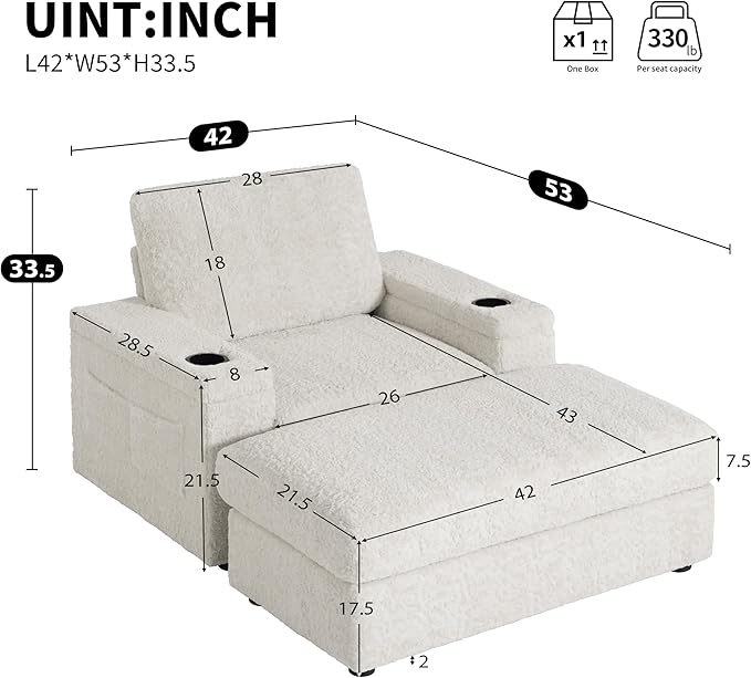 P PURLOVE Oversized Chaise Lounge Chair Indoor with Storage and OttomanSleeper Chair with Cup Holder and Storage ArmrestReclining Chair for Living RoomBedroomOffice