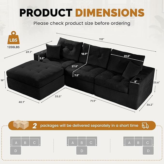 113 Modular Sectional Sofa for Living Room Convertible L-Shape Couch with OttomanCloud Boneless Couch with Layered CushionBlack Corduroy