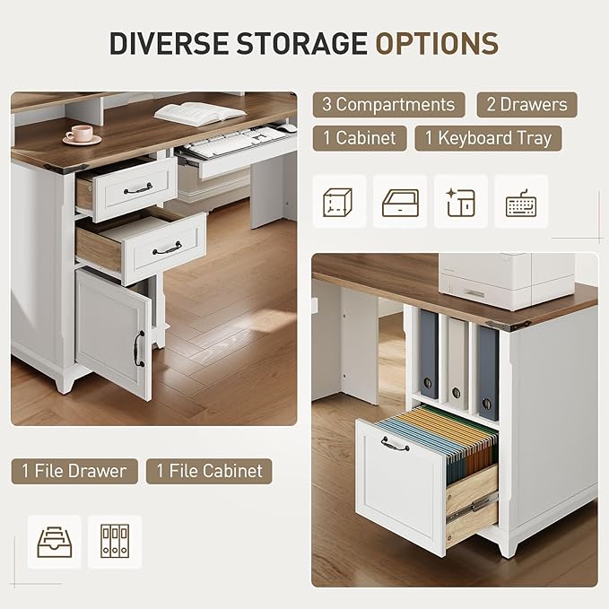 Farmhouse 69 Executive L Shaped Desk with Drawer Home Office Desk with Charging Station Corner Computer Desk with Monitor Stand File Drawer Storage Cabinet White and Walnut
