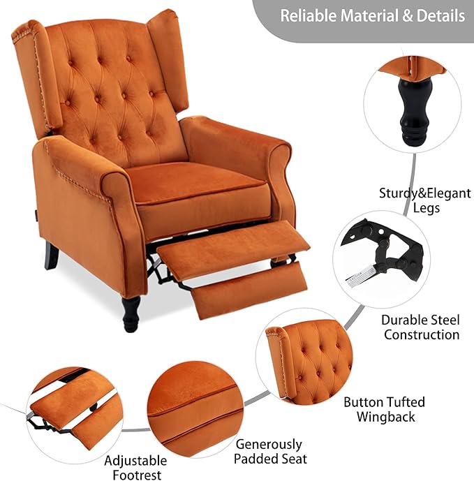 Velvet Accent Chair Push Back Recliner Chair Wingback Arm Chair for Living Room/Bedroom/Home Theater/Reception Area Caramel