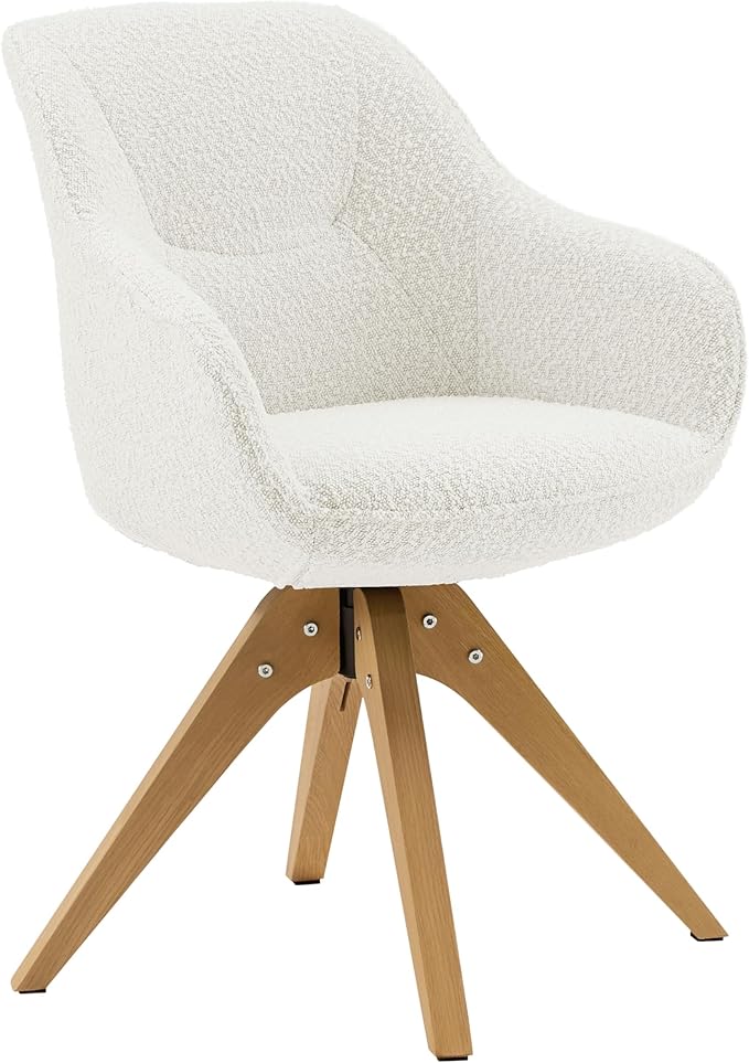 Art Leon Dining Chair - Mid Century Modern Boucle Fabric Swivel Dining Room Chair with Natural Oak Wood Legs Leisure Side Chair with Arms for Living Room White