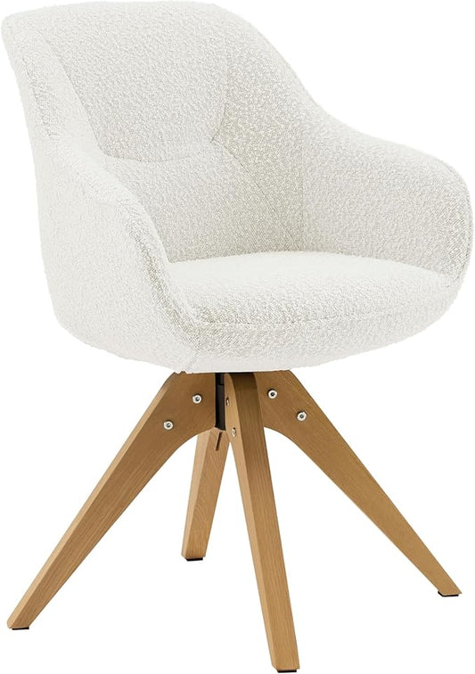Art Leon Dining Chair - Mid Century Modern Boucle Fabric Swivel Dining Room Chair with Natural Oak Wood Legs Leisure Side Chair with Arms for Living Room White