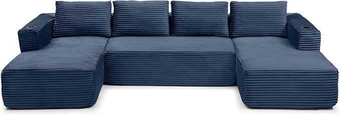 132” Oversized Modular Sectional Sofa Modern Comfy Corduroy U Shaped Couch with Cup Holders Boneless Compressed Memory Foam Cloud Couch for Living Room Office No Assembly Requiredm Blue
