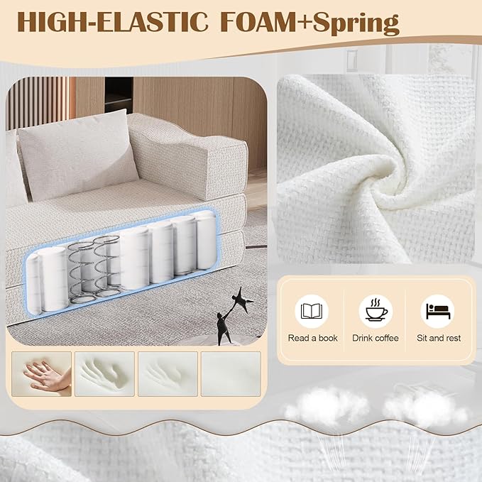 80 Convertible Folding Sofa Bed 4-in-1 DIY Combination Fold Out Sleeper Sofa Bed King Size Loveseat sleeper Couch w/ Removable Armrests Chenille Floor Couch Small couches for small spaces (Beige)