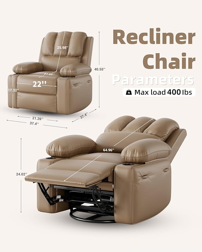 22 in Leather Recliner Chair for Adults Overstuffed Manual Recliner Chair Single Sofa with Cup Holder and Side Pockets Upholstered Chair for Living Rooms Tan