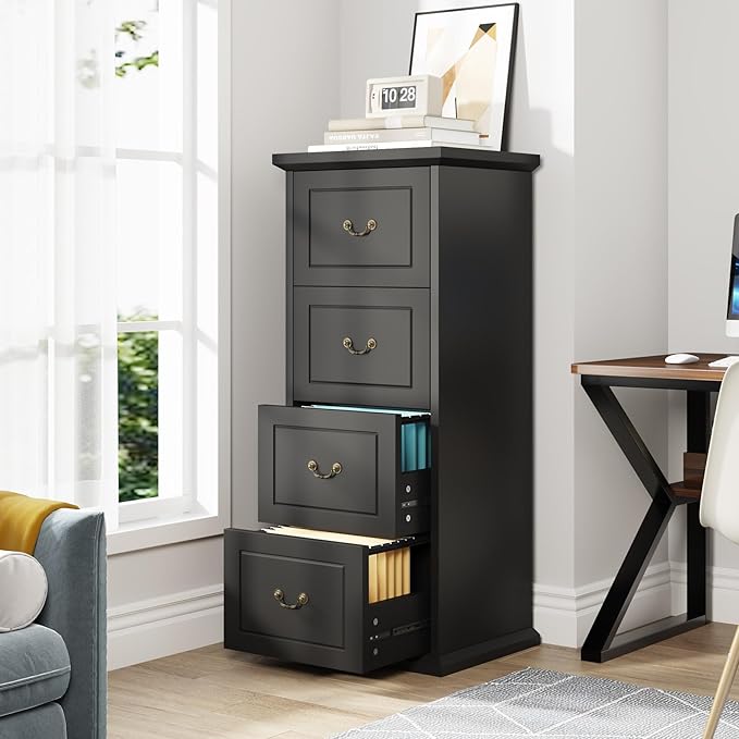 Tribesigns 4-Drawer File Filing Cabinet Vertical File Cabinet Office Wood Filing Cabinet for A4 / Letter Size Narrow Tall File Storage for Home Office Black
