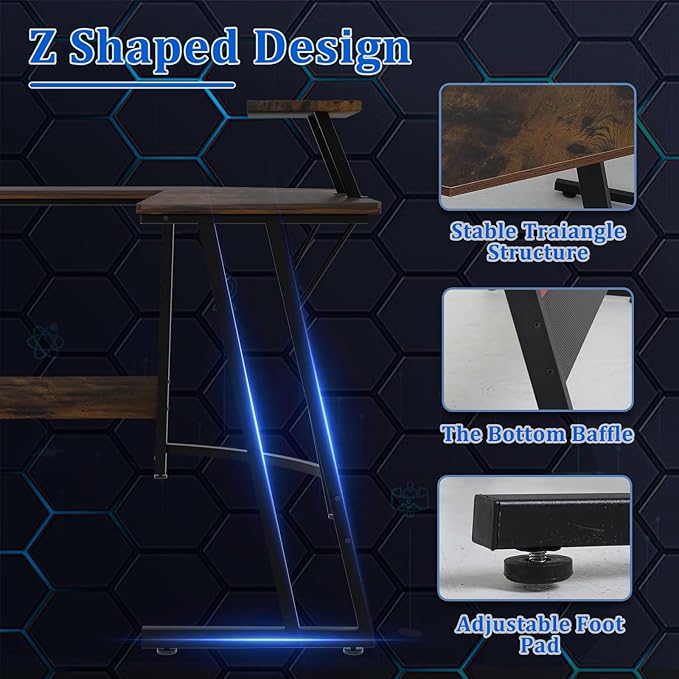 51 inch L Shaped Gaming Desk Computer Desk for Bedroom Brown L shaped Desk for GamingHome Office Desks with Detachable Monitor Stand Corner Desk for Small PlaceLargeCarbon FiberBrown desk