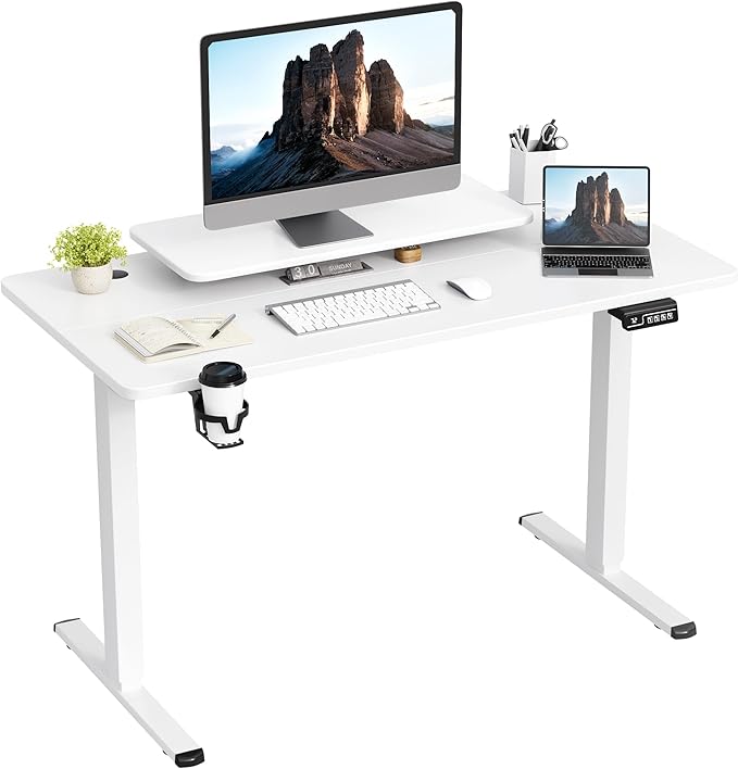 JUMMICO Electric Standing Desk Adjustable Height Desk 47 x 24 Inch with Monitor Stand Home Office Computer Desk (White)