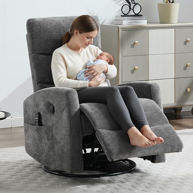 PELUMY 360° Swivel Rocker Recliner with Heat &amp Vibration Massage Glider Rocking Chair for Adults Compact Recliner for Living Room Small Spaces Nursery Bedroom (Chenille Grey)