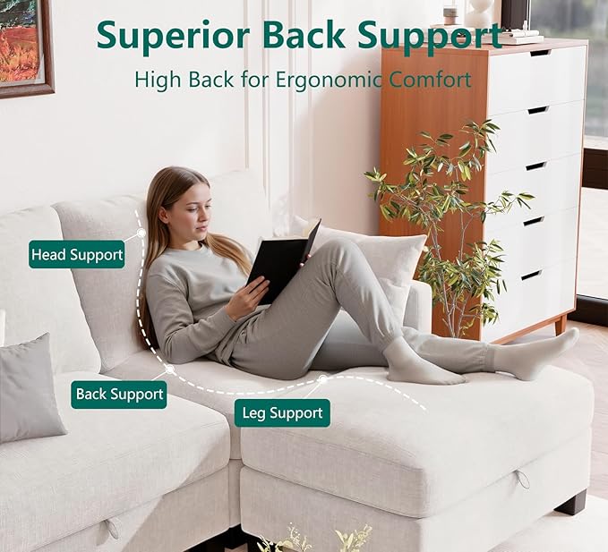 Modular Sectional U Shaped Sofa Couches for Living Room Cloud Couch with Storage Ottoman Comfy Chenille Sofa with Pillow Beige