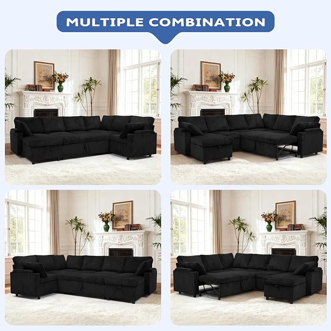 110” Corduroy Sectional Sofa w/Pull Out Bed &amp Storage Chaise Reversible U Shaped Sofa w/Storage Armrests &amp Cup Holders Corner Couch w/USB Charging Port &amp Throw Pillow for Living Room Bl