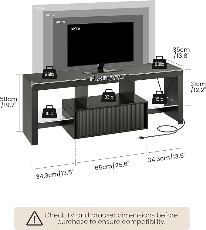 TV Stand with Power Outlet Modern TV Cabinet for 55 60 inch TVs Media TV Console with LED Light Strip Media Entertainment Center with Storage for Living Room Bedroom Black MDS02UDBB