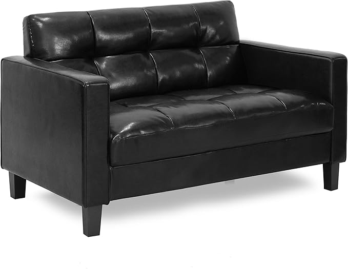 Furinno Brive Contemporary Tufted Faux Leather Loveseat/Sofa Couch for Living Room Black Faux Leather
