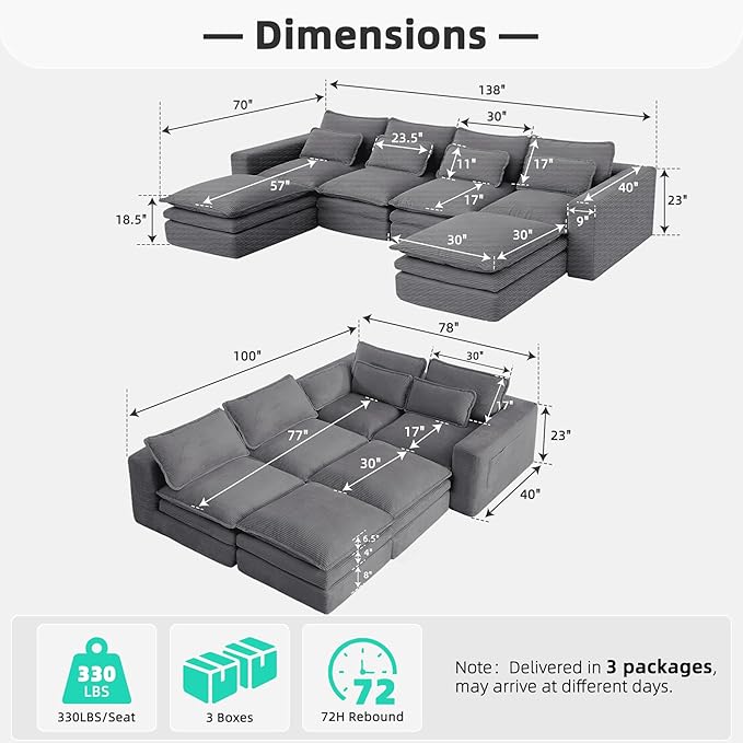 140 Sectional Couches Boneless Modular Sofa for Living Room with 2 Ottoman | No Assembly Required DIY Sofa Bed U shaped Couch | Corduroy Deep Seat with Double Layer Cushion &amp Removable Cover | Gr