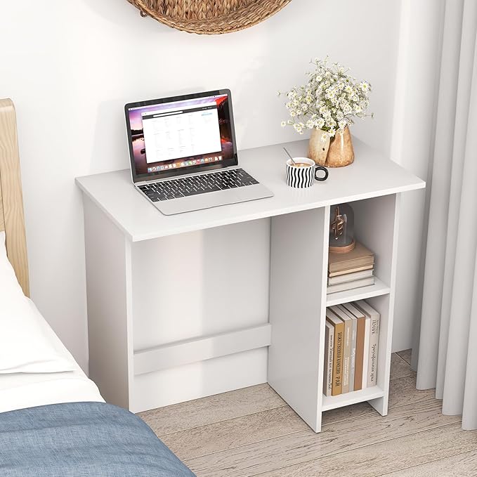COSTWAY 31.5” Space Saving White Writing Desk Modern Home Office Computer Workstation with Adjustable Shelf Compact PC Table with Storage for Small Spaces/Bedroom/Dorm Rooms