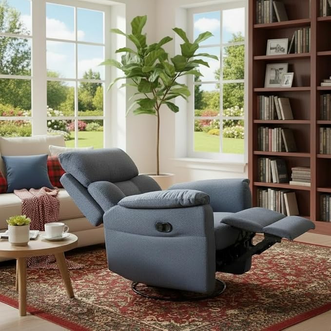 Oversized Rocker Recliner Chair Manual Swivel Rocking Recliners with Adjustable Backrest Footrest for Adults 360° Swivel Lazy Boy Recliner Chairs for Living Room Reading Bedroom Blue