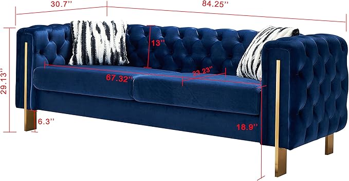 Chesterfield Modern Tufted Velvet Living Room Sofa with High Armrest and Metal Legs Decor 84.25''W 3 Seater Couch Couches Furniture for Bedroom Office (Blue)