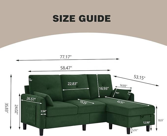 77 Convertible Sectional Sofa 3-Seat L Shaped Couch with Ottoman Modern Linen Upholstered Sofa Couches for Living Room Apartment and Small Spaces Green