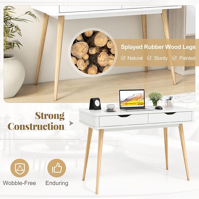 Giantex Mid-Century Desk with 2 Drawers 43.5 Writing Study Desk with Solid Rubber Wood Legs Home Office Computer Workstation PC Laptop Desk Modern Makeup Vanity Table for Bedroom (White &amp Natu