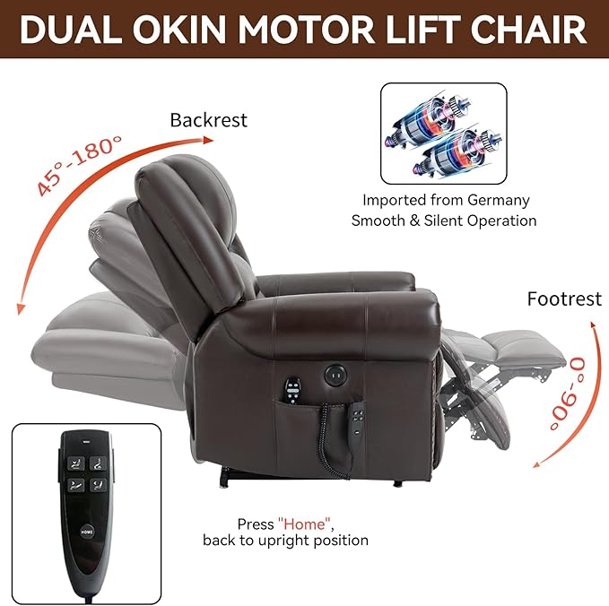 Genuine Leather Power Lift Recliner Chair Lazy Boy Recliner Chair with Charging Ports for Living Room Theater Seating Electric Single Sofa with Round Armrest Dark Brown