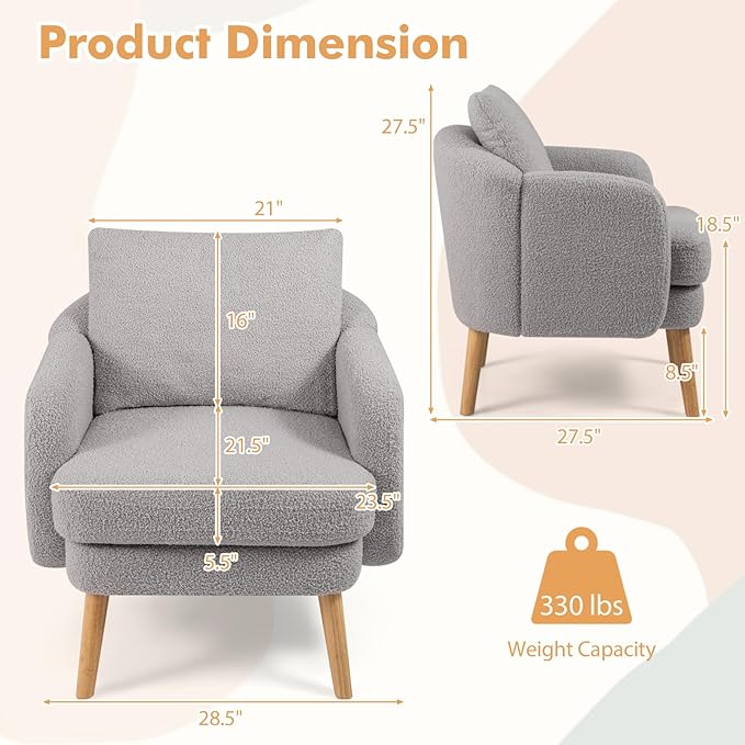 Giantex Sherpa Accent Chair Modern Upholstered Single Sofa Chair with Back Pillow &amp Solid Rubber Wood Legs Teddy Barrel Arm Chair for Reading Living Room Bedroom Office Grey
