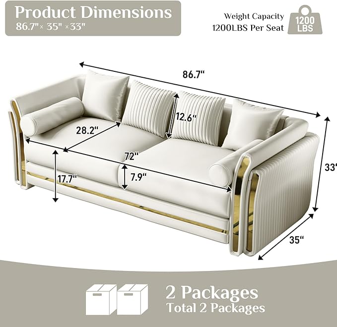 86.7 Luxury Velvet Sofa Chesterfield Tufted Couch Vintage White and Gold Couch Mid Century Victorian Couches for Living Room 3 Seater with 4 Pillows &amp 2 Bolster Pillows Beige White