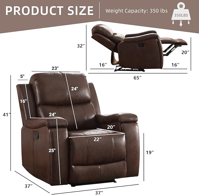 Leather Recliner Chair Manual Recliner Chair for Adults with Overstuffed Arms and Back Single Sofa Recliner with Cup Holders for Living Room Set of 2 Red Brown