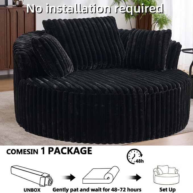 Oversized Upholstered Chaise Lounge Chair Indoor Corduroy Deep Seat Accent Chair Plush Boneless Barrel Sofa Chair for Living Room Bedroom Apartment (Black 57 Inch)