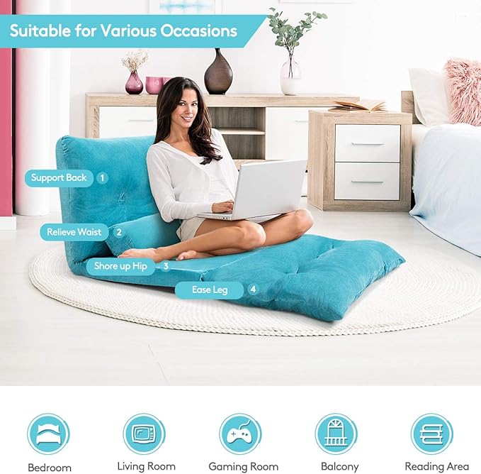 Giantex Adjustable Floor Sofa Couch Multi-Functional 6-Position Foldable Lazy Sofa Sleeper Bed Blue Corduroy Iron Frame 70.5 x 42.5 x 7
