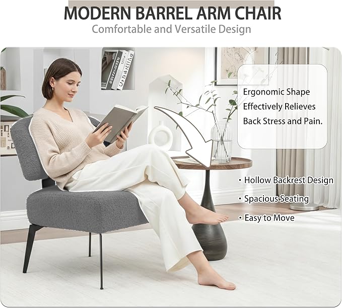 Modern Sherpa Accent Chair Set of 2 Round Boucle Upholstered Barrel Arm Chair for Small Spaces Fluffy Side Corner Sofa Chair for Living Room Bedroom Vanity Office Reading Room(Grey)