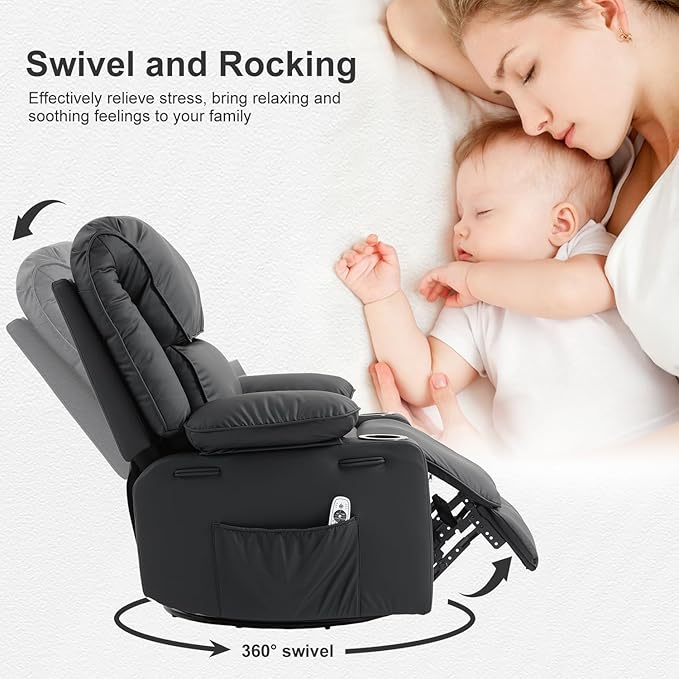 Leather Recliner Chair Rocker Massage Recliner Chair with Massage and Heat Swivel Manual Recliners Chairs with Cup Holders for Living Room(Leather Black)