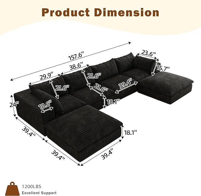 157.6 Modular Sectional Sofa Cloud Couch with 2 Ottoman Modern Boneless Couch with Plush Corduroy Fabric No Assembly Fluffy Deep Seat Upholstered Sofa for Living Room (Black U Shape)