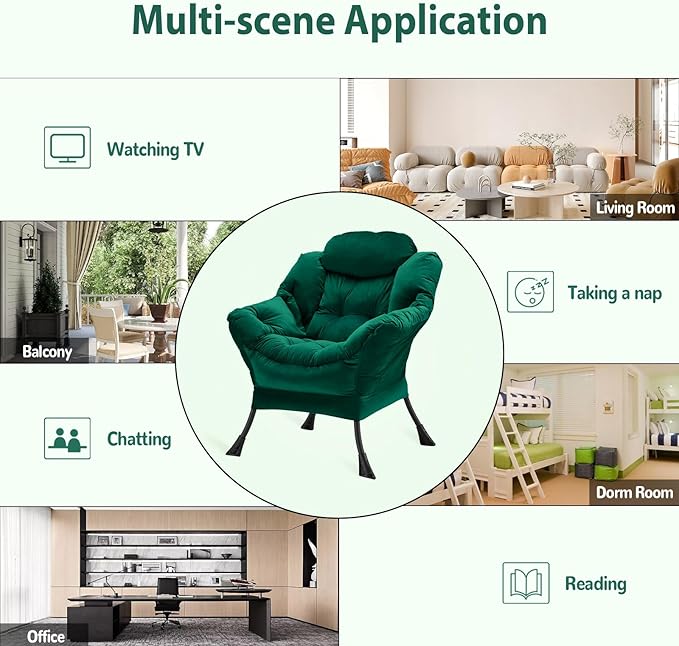 Lazy Chair Thick Padded Comfy Velvet Accent Lounge Chair with Stable Frame Leisure Sofa Armchair with Armrests and Side Pocket Reading Chair for Bedroom Living Room Office Green