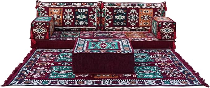 arabicsofa Maroon Arabic Majlis Sofa with Cushions – Modular Loveseat Floor Sofa for Living Room