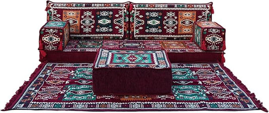 arabicsofa Maroon Arabic Majlis Sofa with Cushions – Modular Loveseat Floor Sofa for Living Room