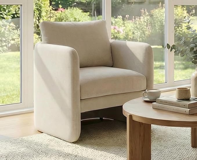 EALSON Upholstered Modern Accent Chair Mid-Century Barrel Armchair with Padded Cushion Comfy Reading Chair for Living Room/Bedroom Beige