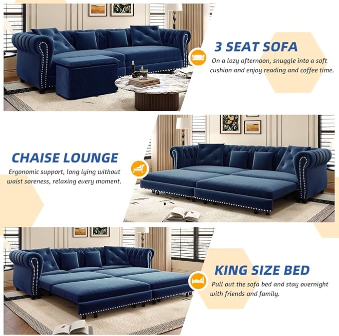 89 King Size Sleeper Sofa Bed 3-in-1 Convertible Pull Out Chesterfield Sleeper Couch with Ottoman Oversized Velvet Button Tufted L Shaped Sofa for Living Room Small Spaces Blue