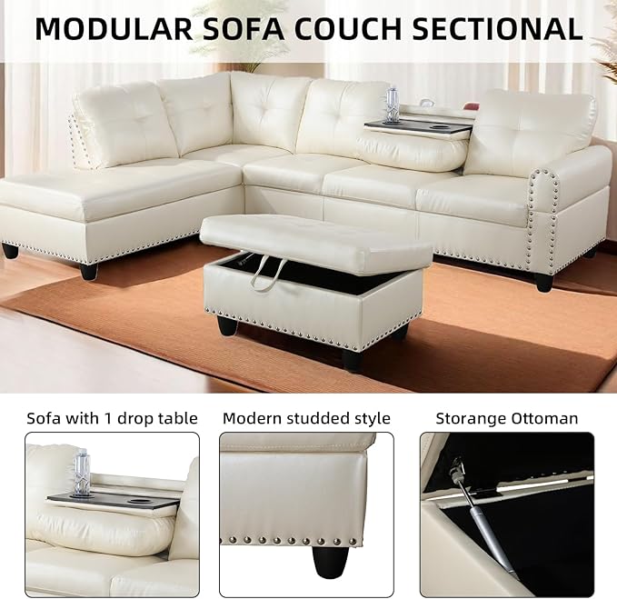 L Shaped Sectional Couch with Storage Ottoman Modern Nailhead Comfy Lounge Sofa with Reversible Cup Holder &amp Chaise 97 4 Seat Modular Sofá for Living Room Apartment Amaranth