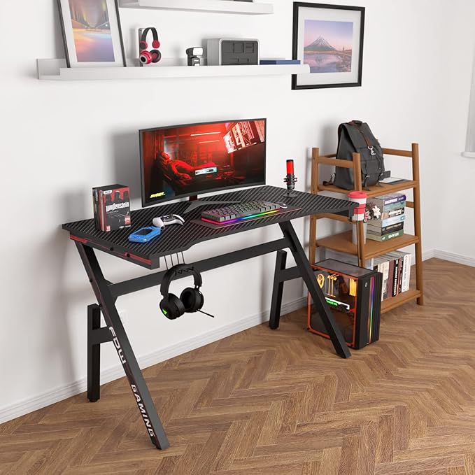 BestOffice | 47 Gaming Desk | Red | Carbon Fiber Textured Computer Desk | Sturdy Steel Frame Cup Holder Headphone Hook Cable Management Holes Adjustable Leg Pads | for Gamers Home Office